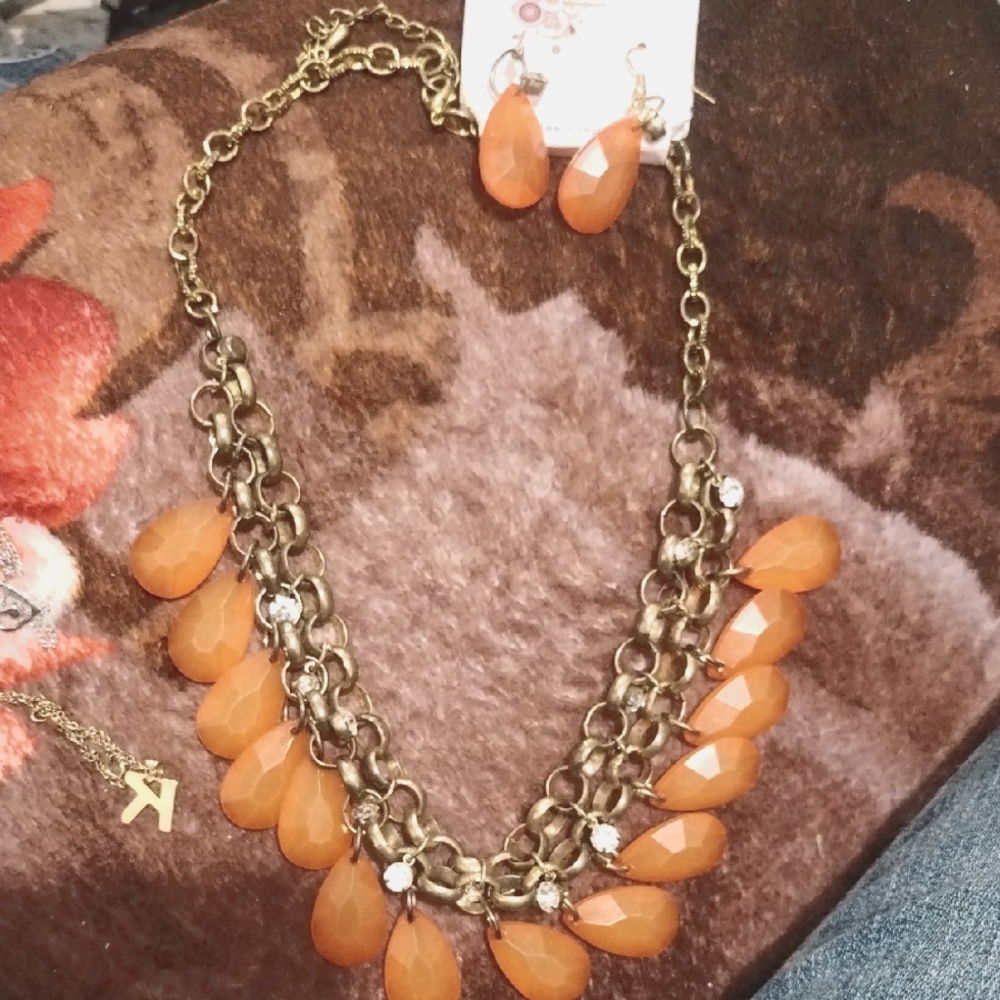 Madison Ave. Orange and Gold Necklace And Matching Earrings with Natural Beads